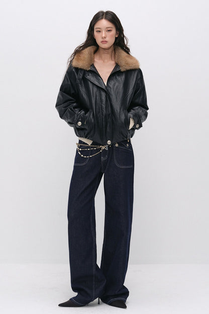 Textured Leopard Fur Collar PU Jacket