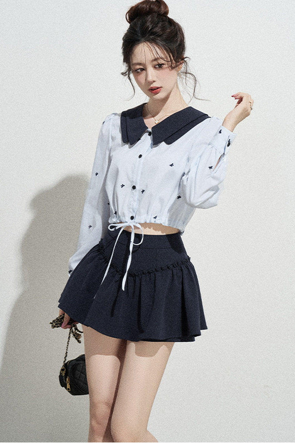 Doll Collar Drawstring Long-Sleeve Shirt and Skirt Set-Up