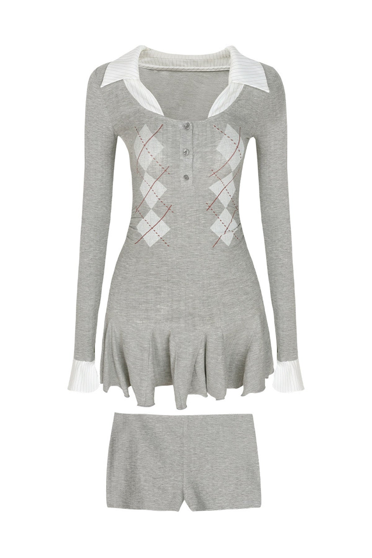 Layered-Look Quilted Long-Sleeve Dress