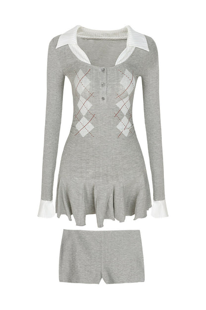 Layered-Look Quilted Long-Sleeve Dress