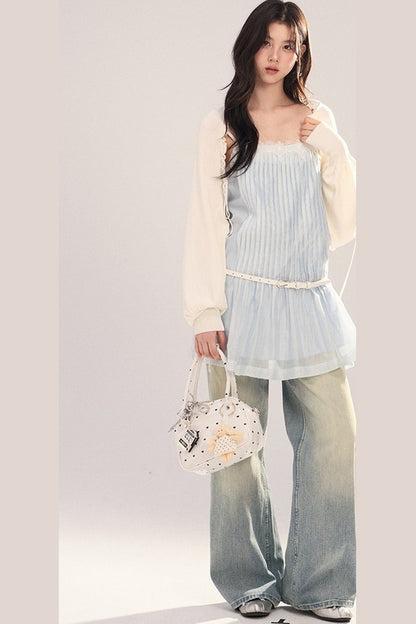 Suspender Dress with Lantern Sleeve Shawl Cardigan Set-Up