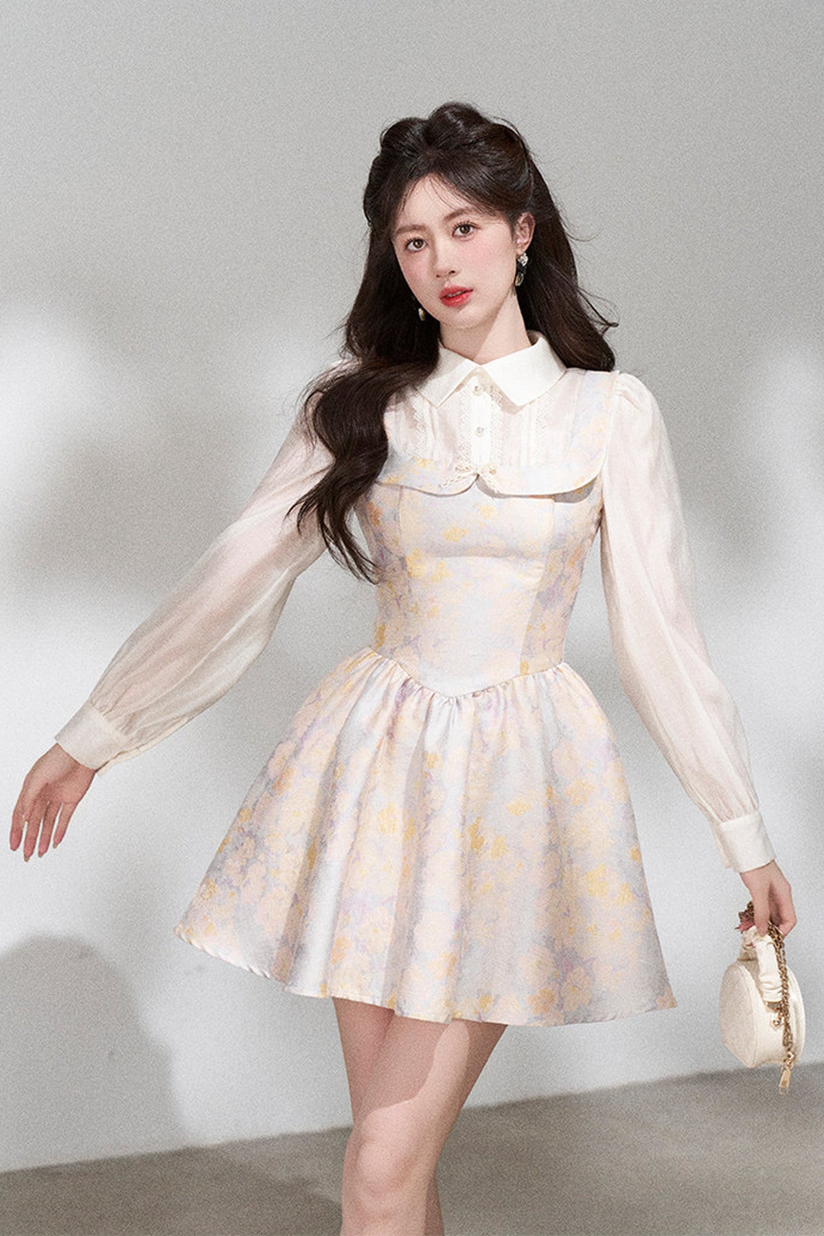 Layered-Look Long-Sleeve Jacquard Dress