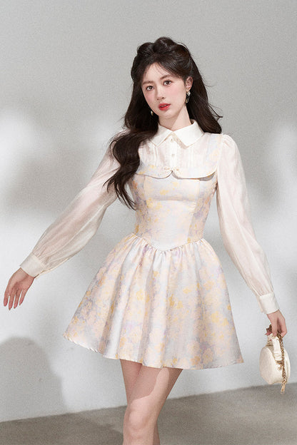 Layered-Look Long-Sleeve Jacquard Dress
