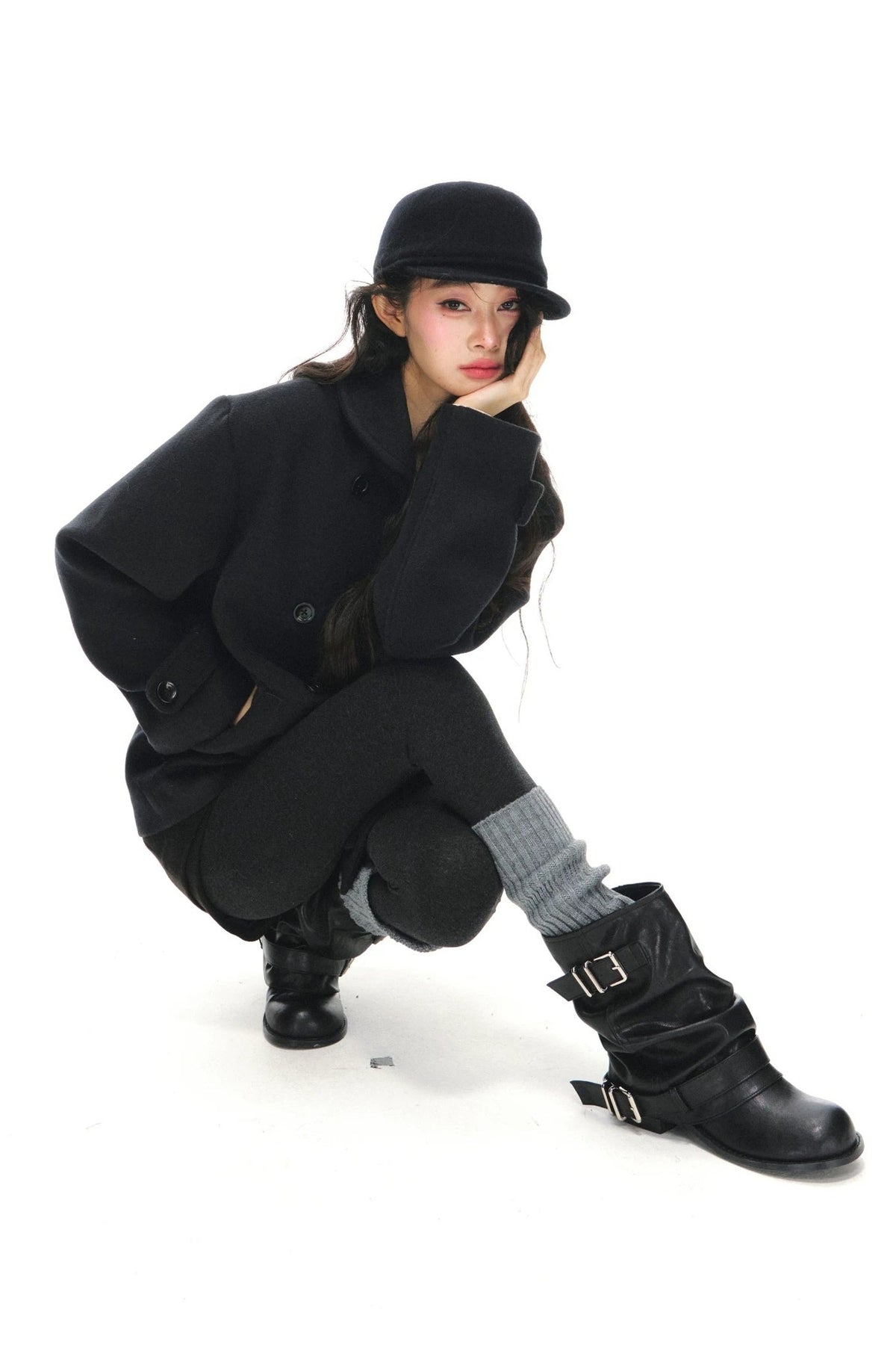 Black Wool Doll Collar Coat Set-Up
