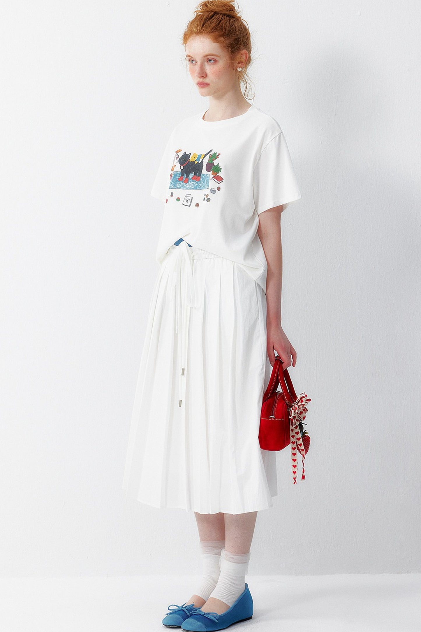 Cotton Elastic Waist Pleated Midi Skirt