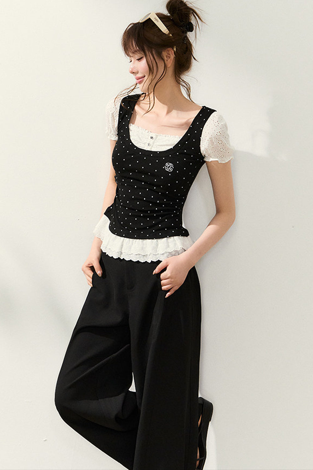 Polka Dot Lace Trim Puff Sleeve Top