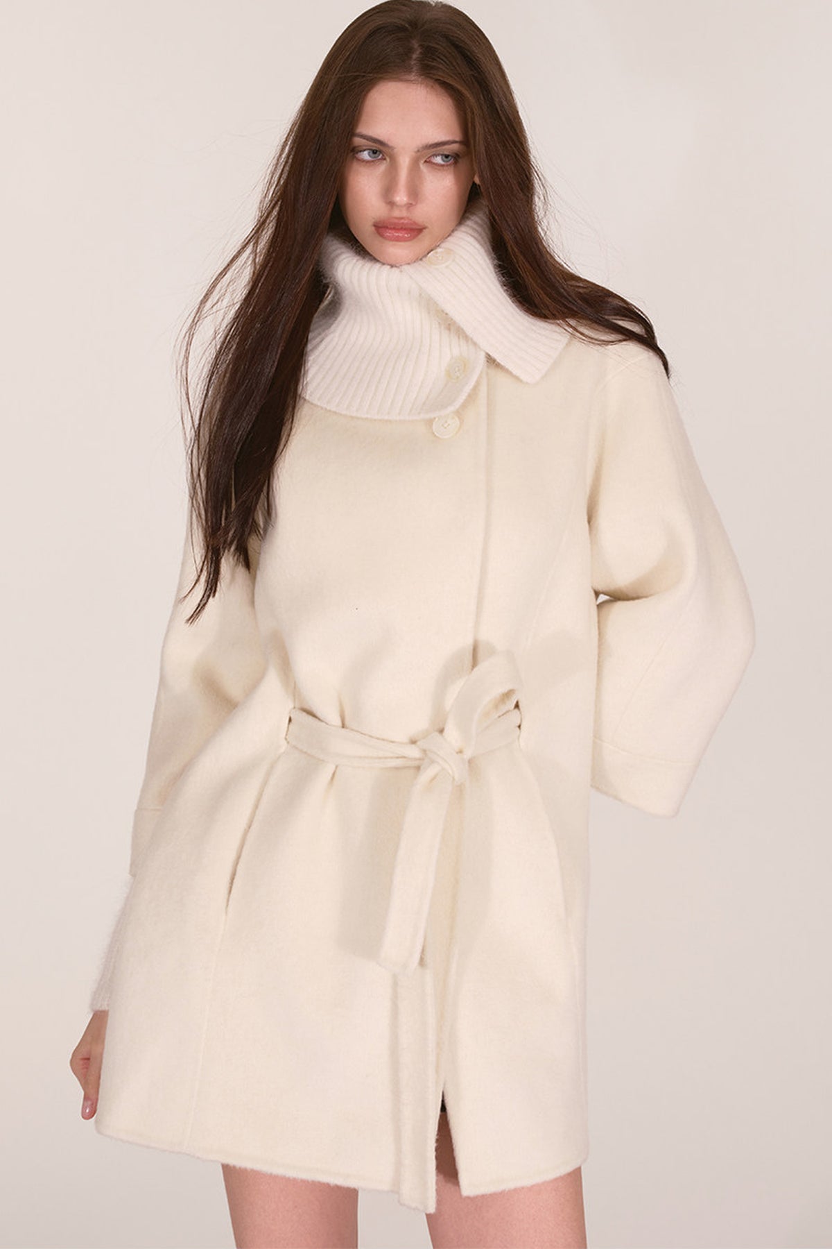 Asymmetrical Knit Collar Tie-Up Wool Coat