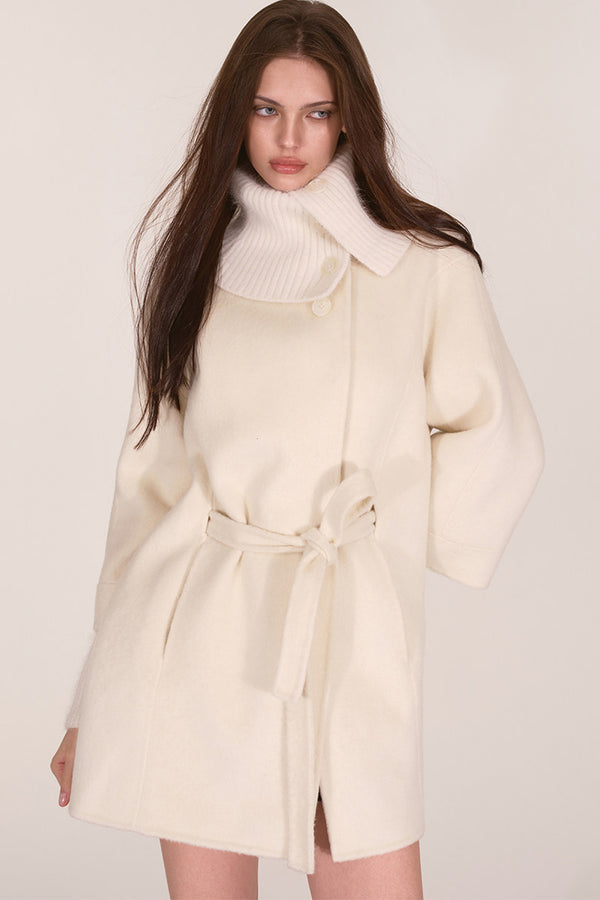 Asymmetrical Knit Collar Tie-Up Wool Coat