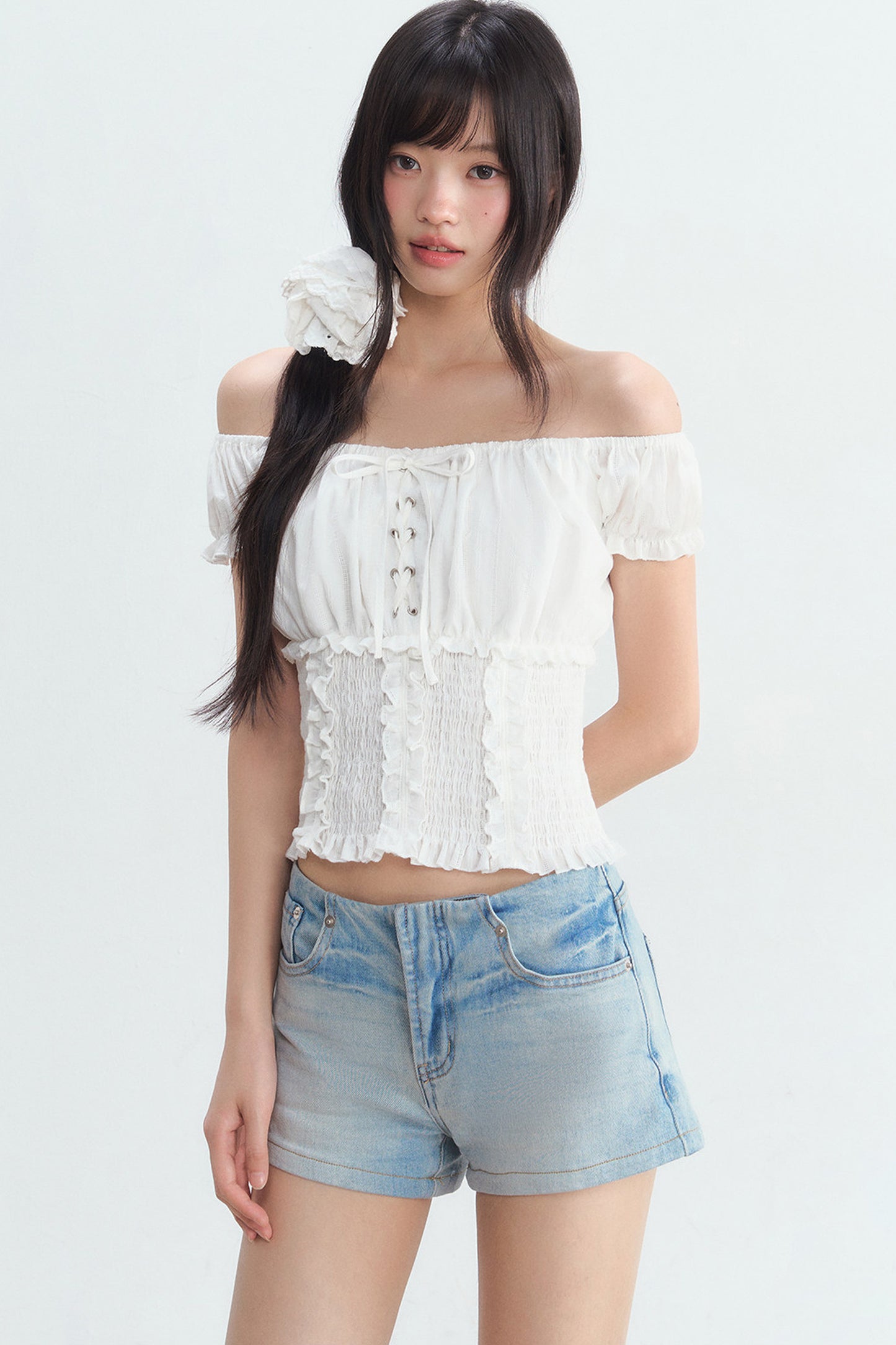 Off-Shoulder Puff Sleeve Lace-Up Top