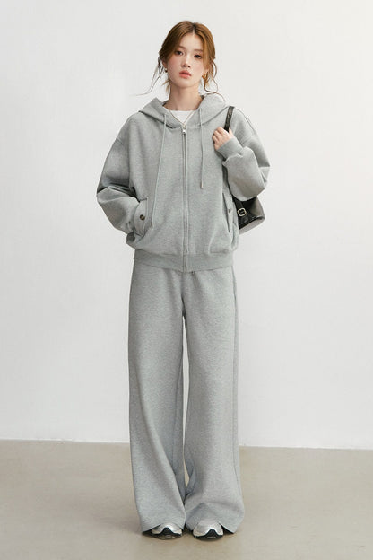 Embroidered Hooded Cardigan Sweatshirt and Wide-Leg Pants Set-Up