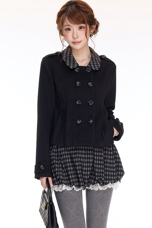 Spliced Color-Blocked Woolen Coat Set-Up
