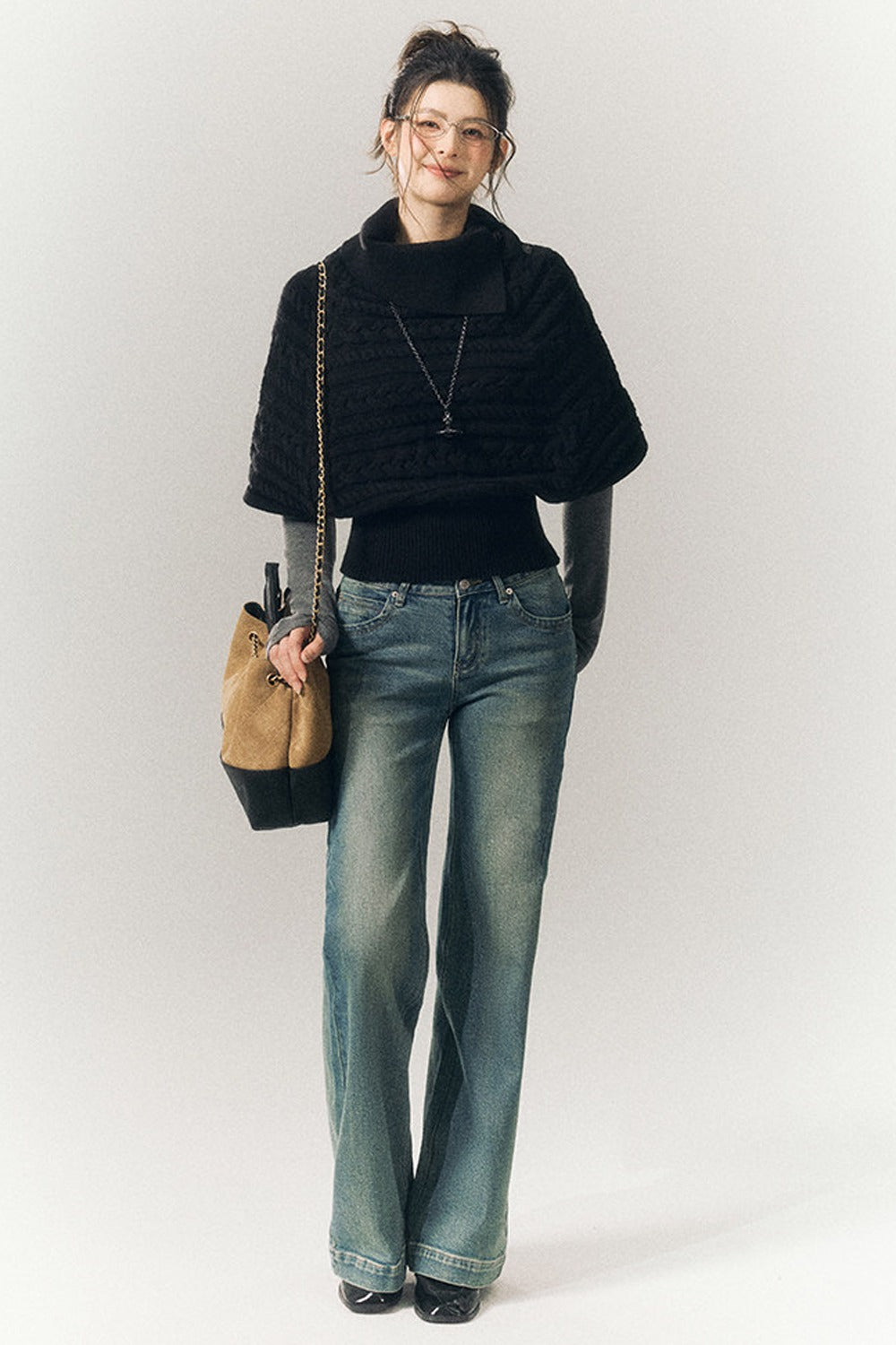 Cable Knit Lapel Cape Sweater