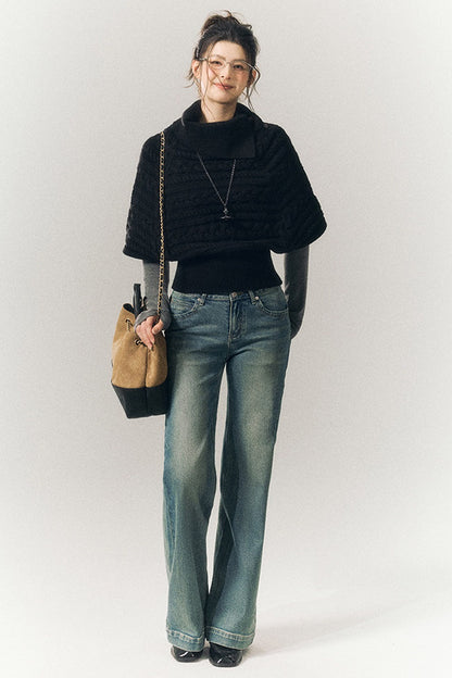 Cable Knit Lapel Cape Sweater