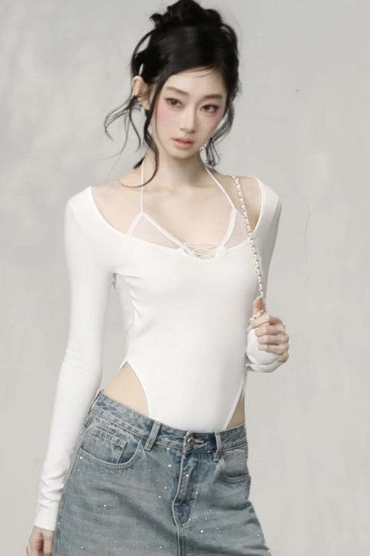 Polka Dot Mesh Lace-Up Knit T-Shirt