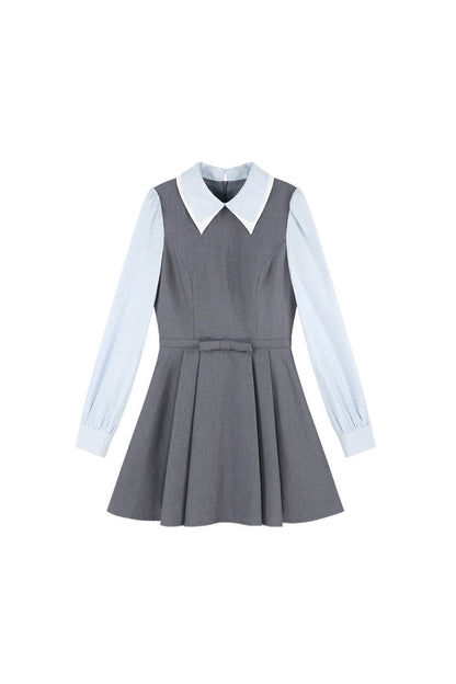 Gray Long-Sleeved A-Line Full Skirt Dress