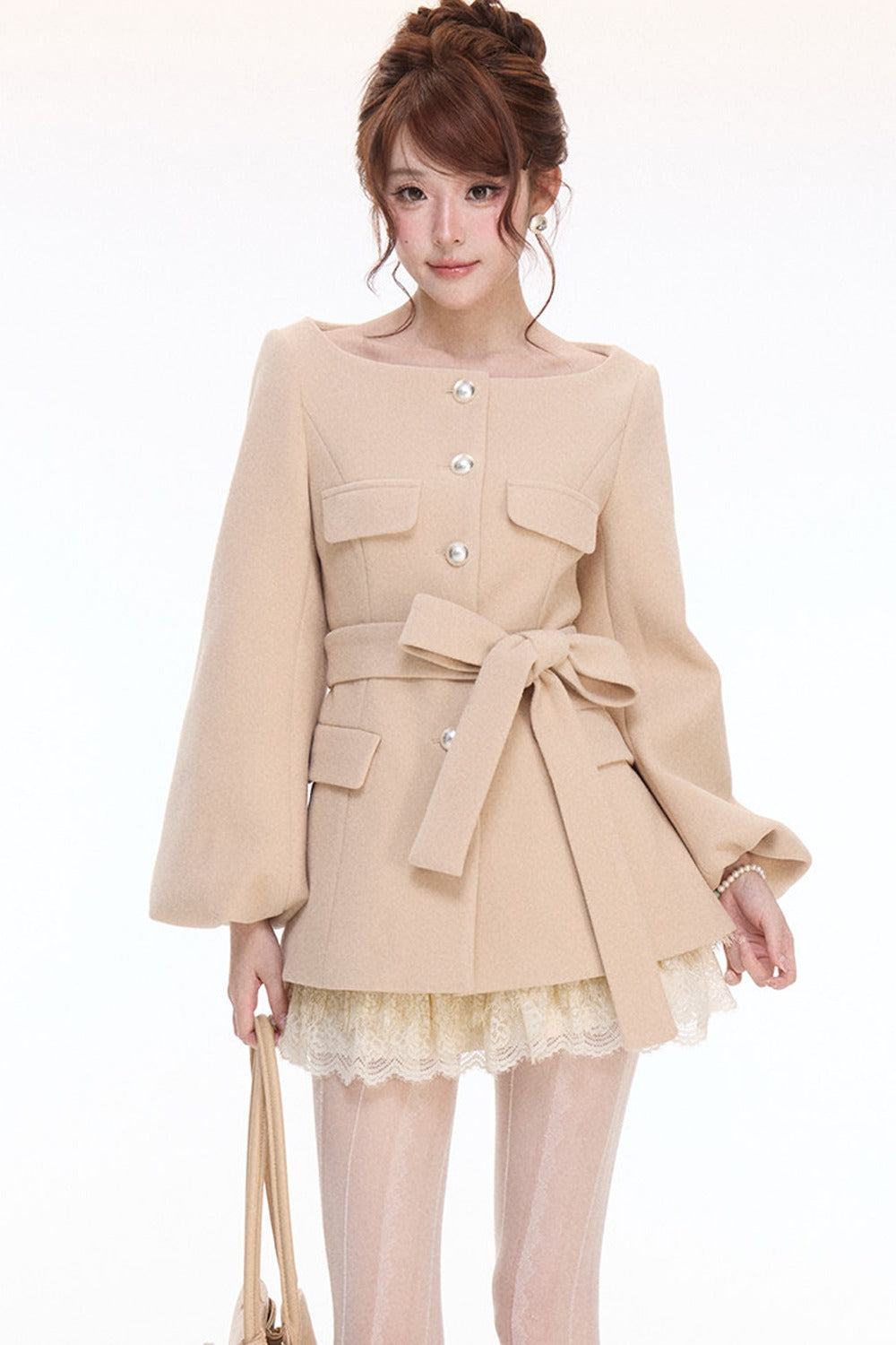 Lantern Sleeve Wool Coat & Lace Tiered Skirt Set-Up