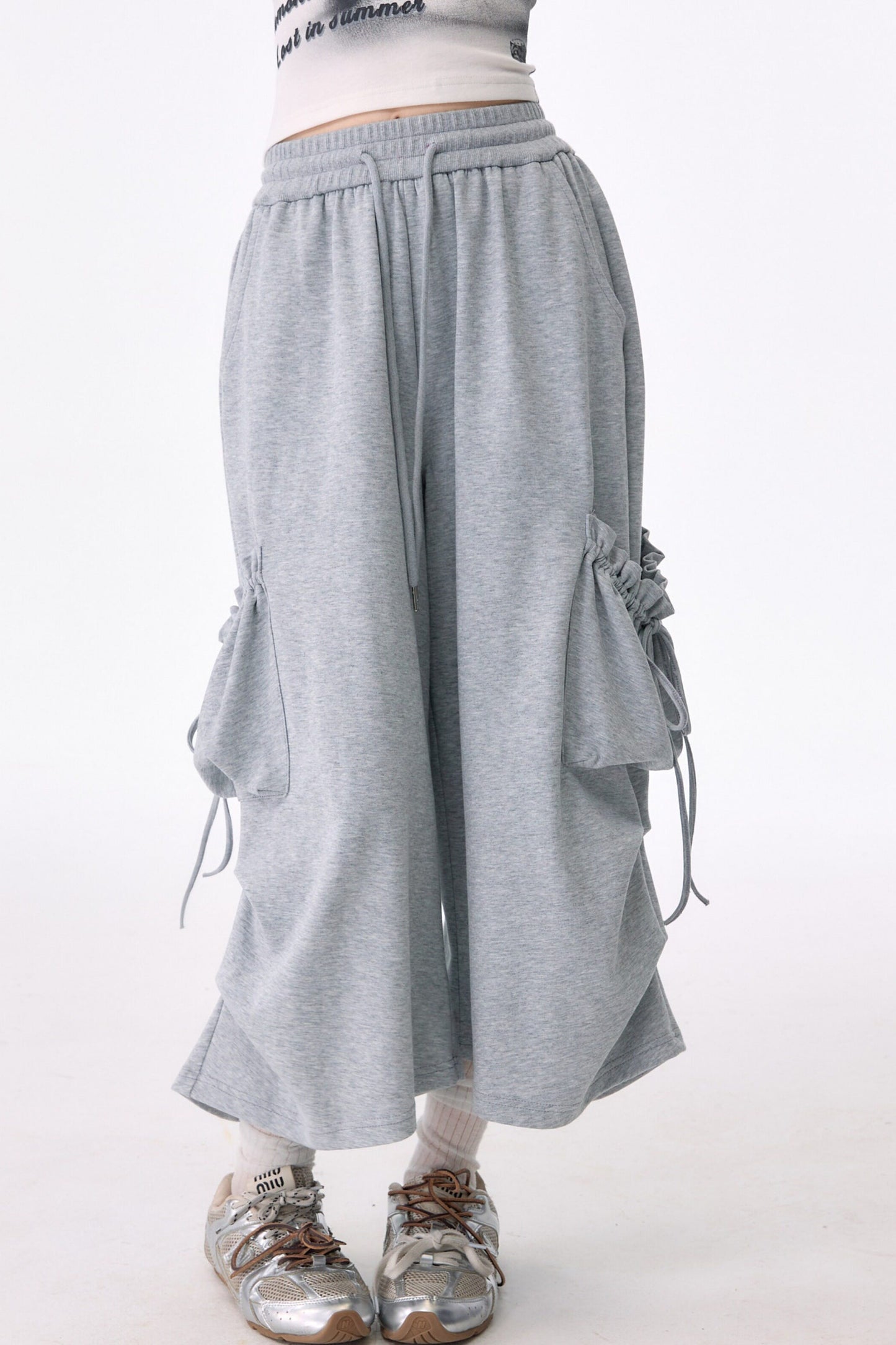 Gray Drawstring Pocket Wide Leg Sweatpants