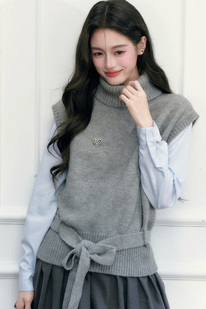 High-Neck Sleeveless Tie-Up Knit Vest