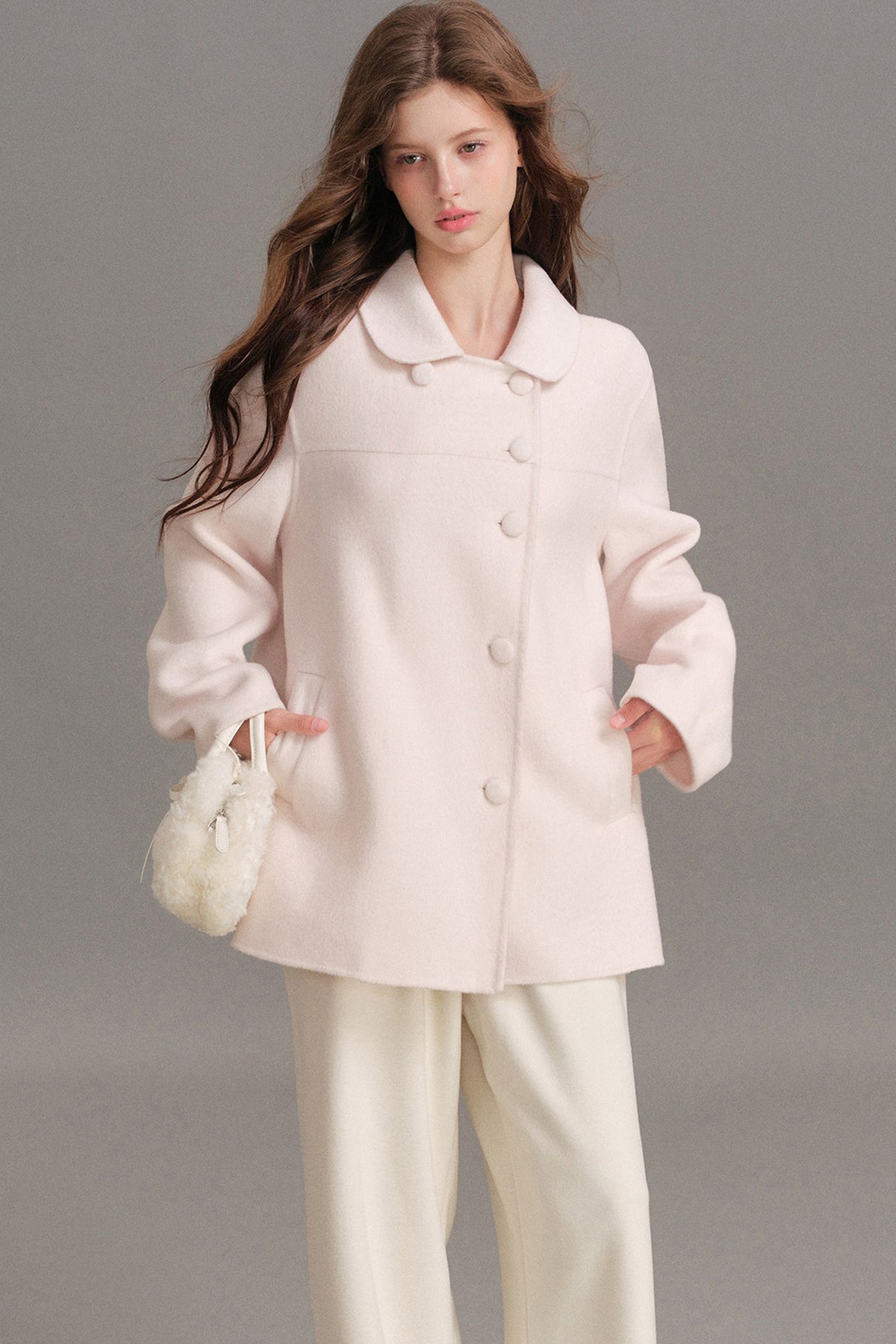 Handmade Double-Sided Woolen Doll Collar Mid-Length Coat