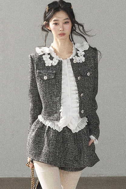 Black White Tweed Jacket With Skirt and Top Set-Up
