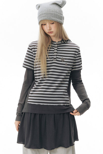 Striped Hooded Knit Short-Sleeve Top