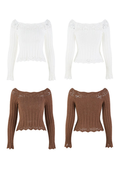 Off-Shoulder Lace Hollow-Out Knit Pullover