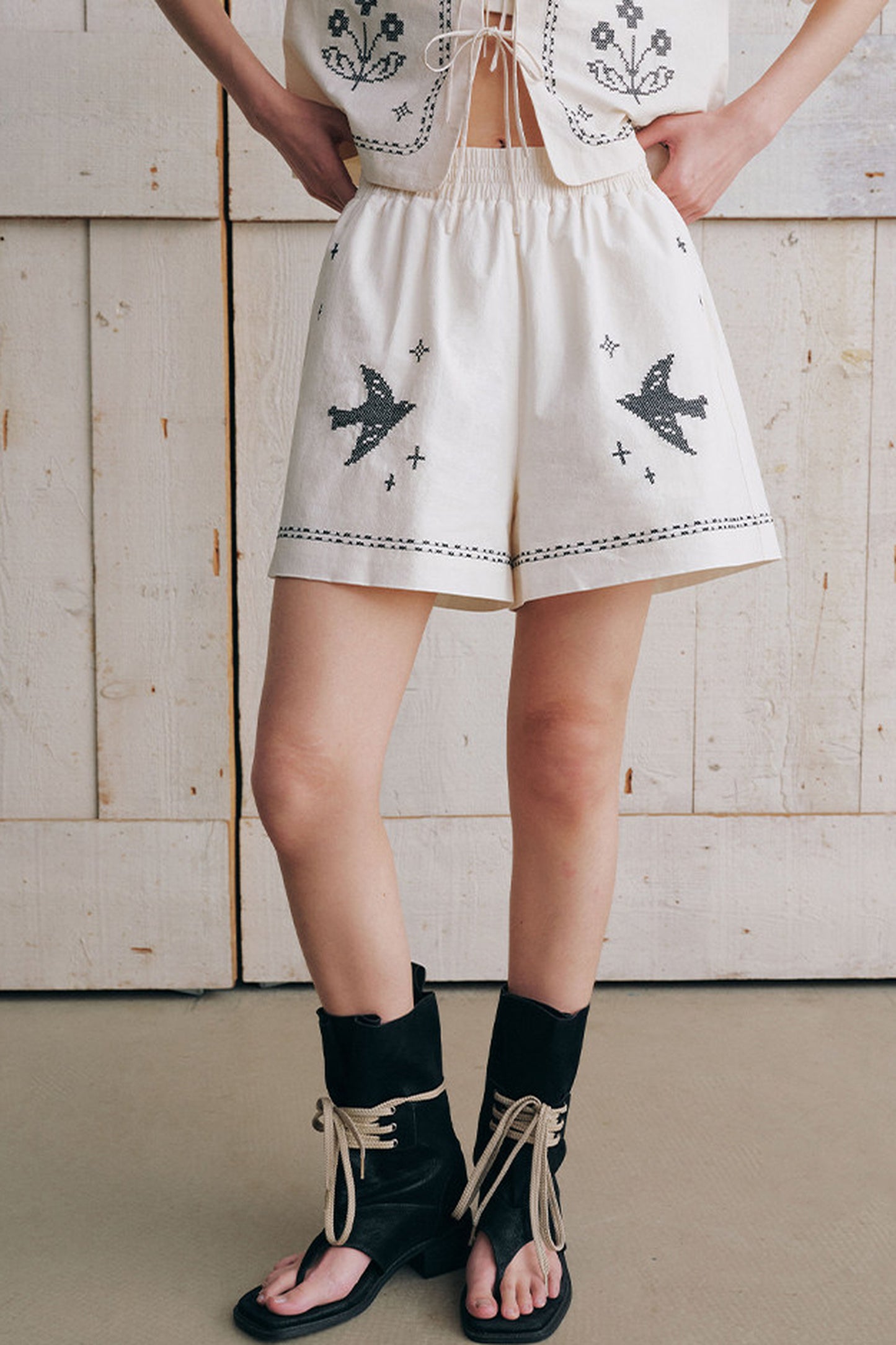 Bird Embroidered Cotton Linen Cardigan Set-Up