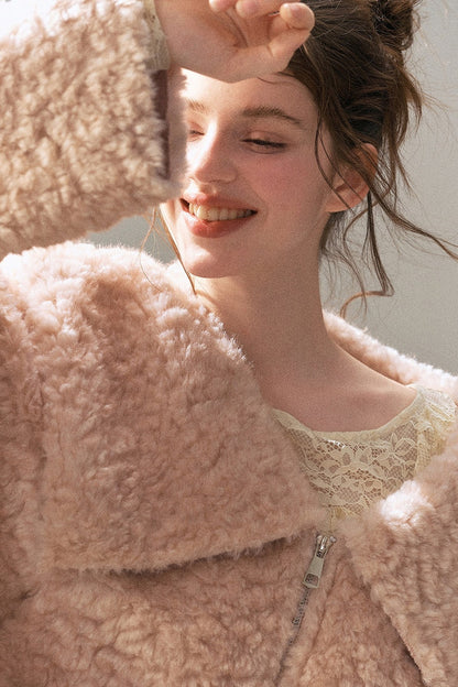Large Lapel Textured Faux Fur Teddy Jacket