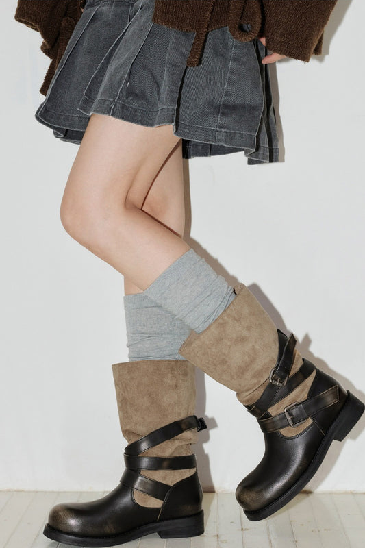 Patchwork Pleated Mid-Calf Riding Boots