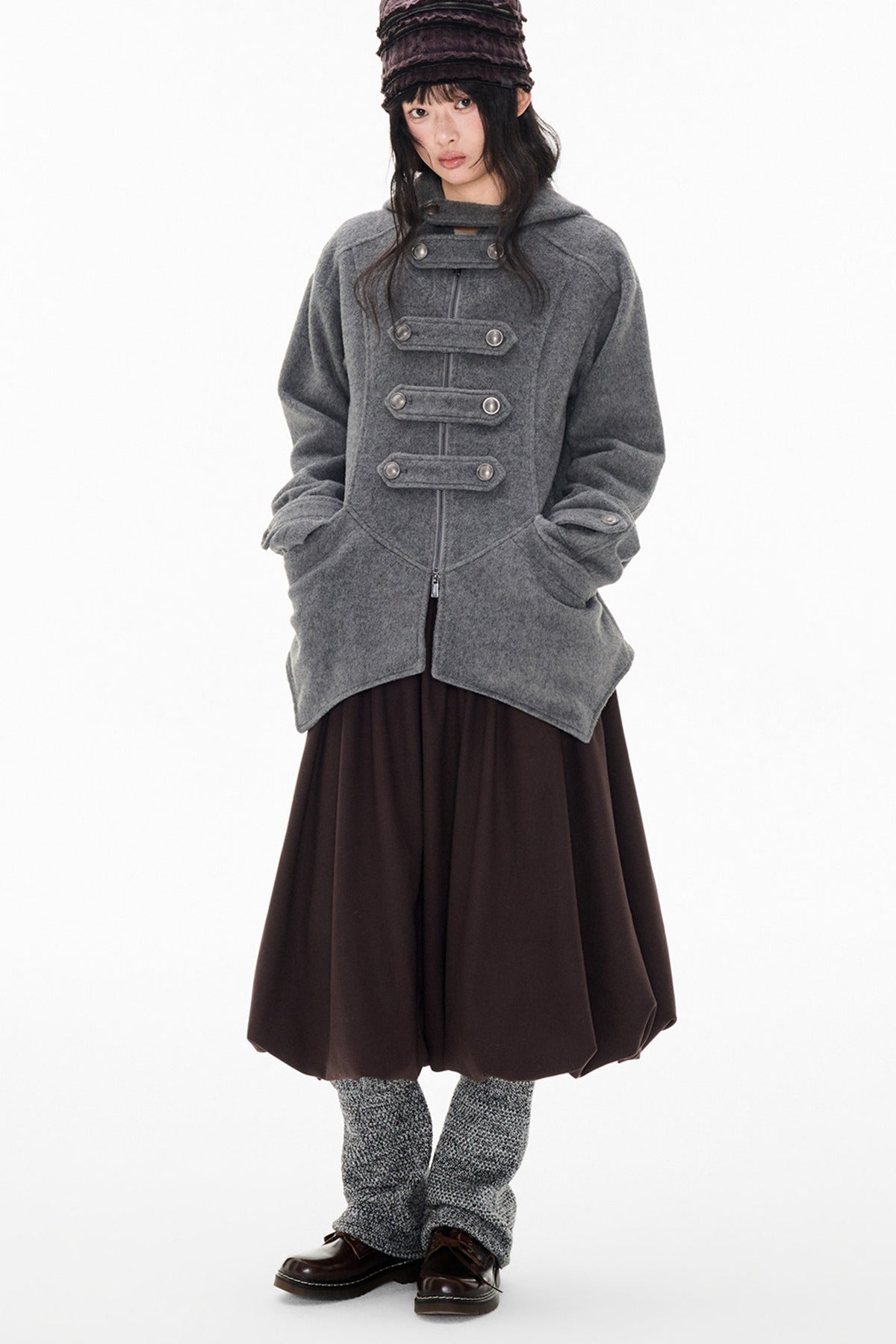 Woolen Hooded Irregular Hem Jacket