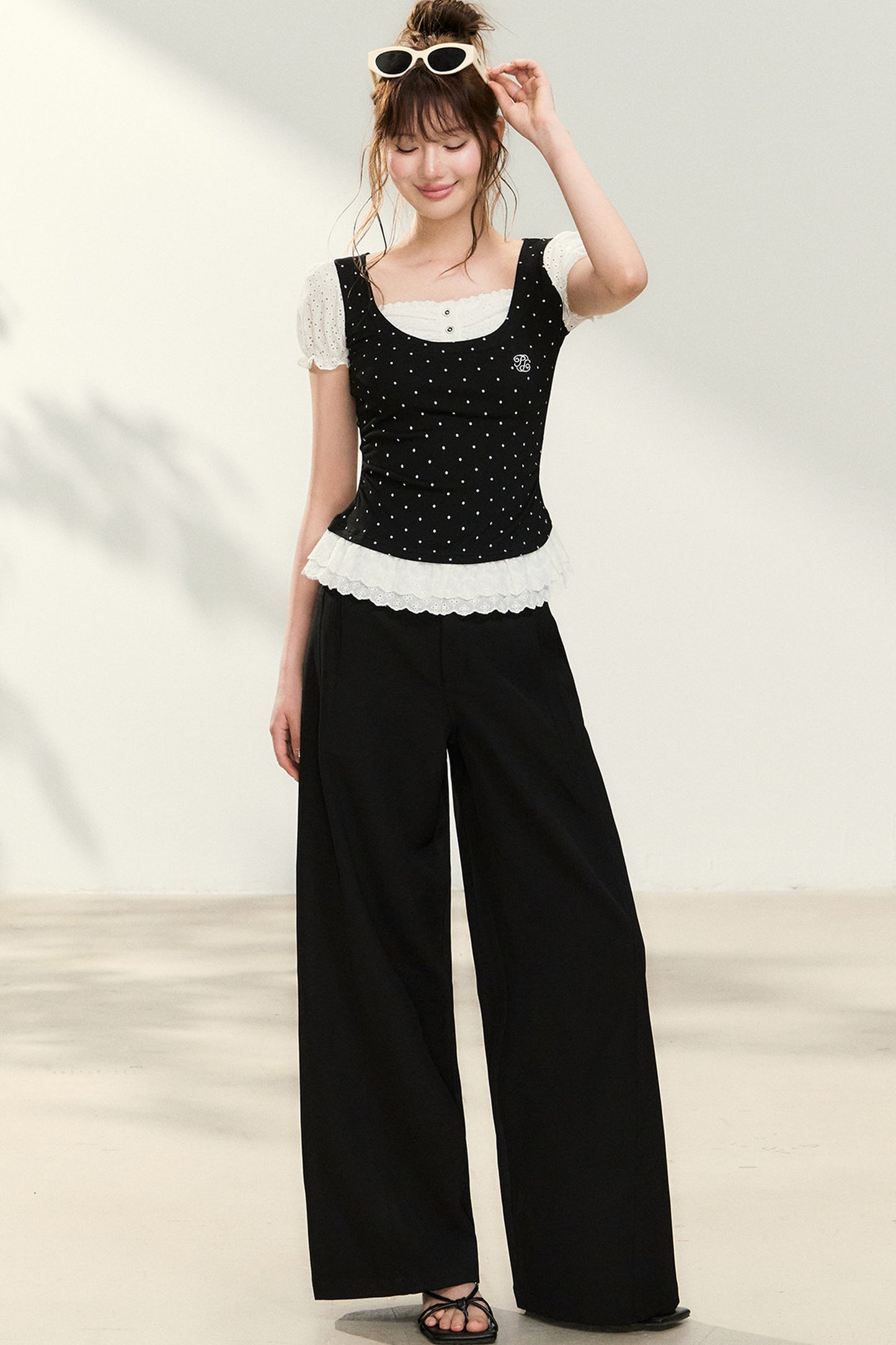 Polka Dot Lace Trim Puff Sleeve Top