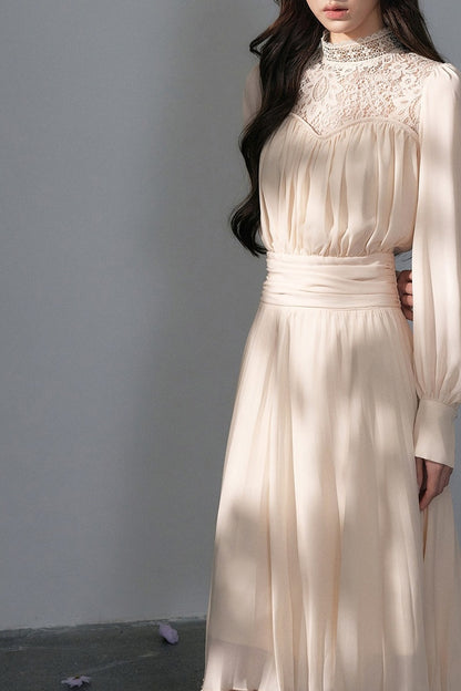 Pleated Lace Mid-Length Dress