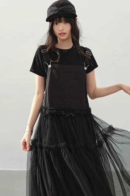 Black Denim Mesh A-Line Dress