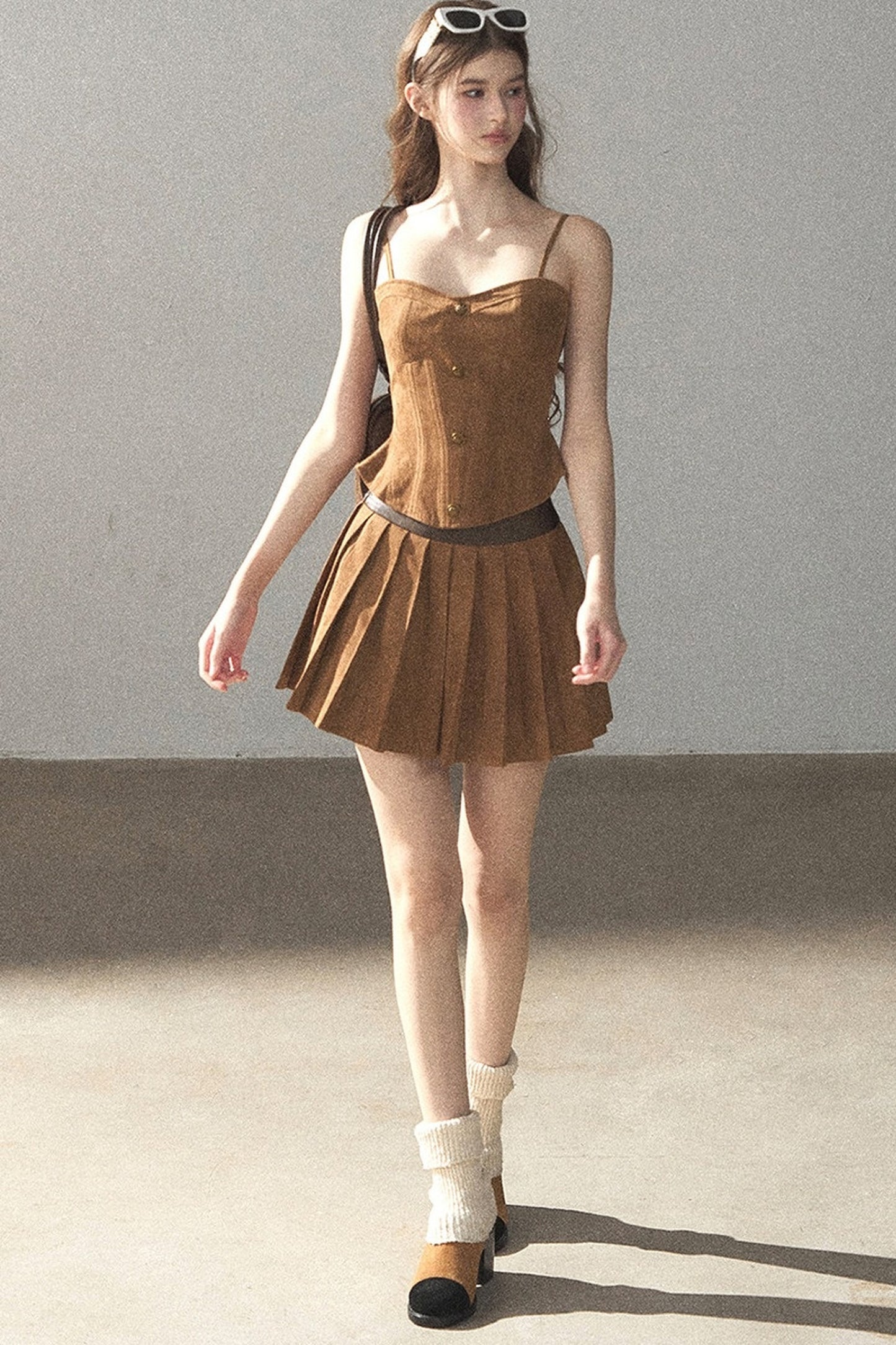 Autumn Coat and Pleated Skirt Three-Piece Set-Up