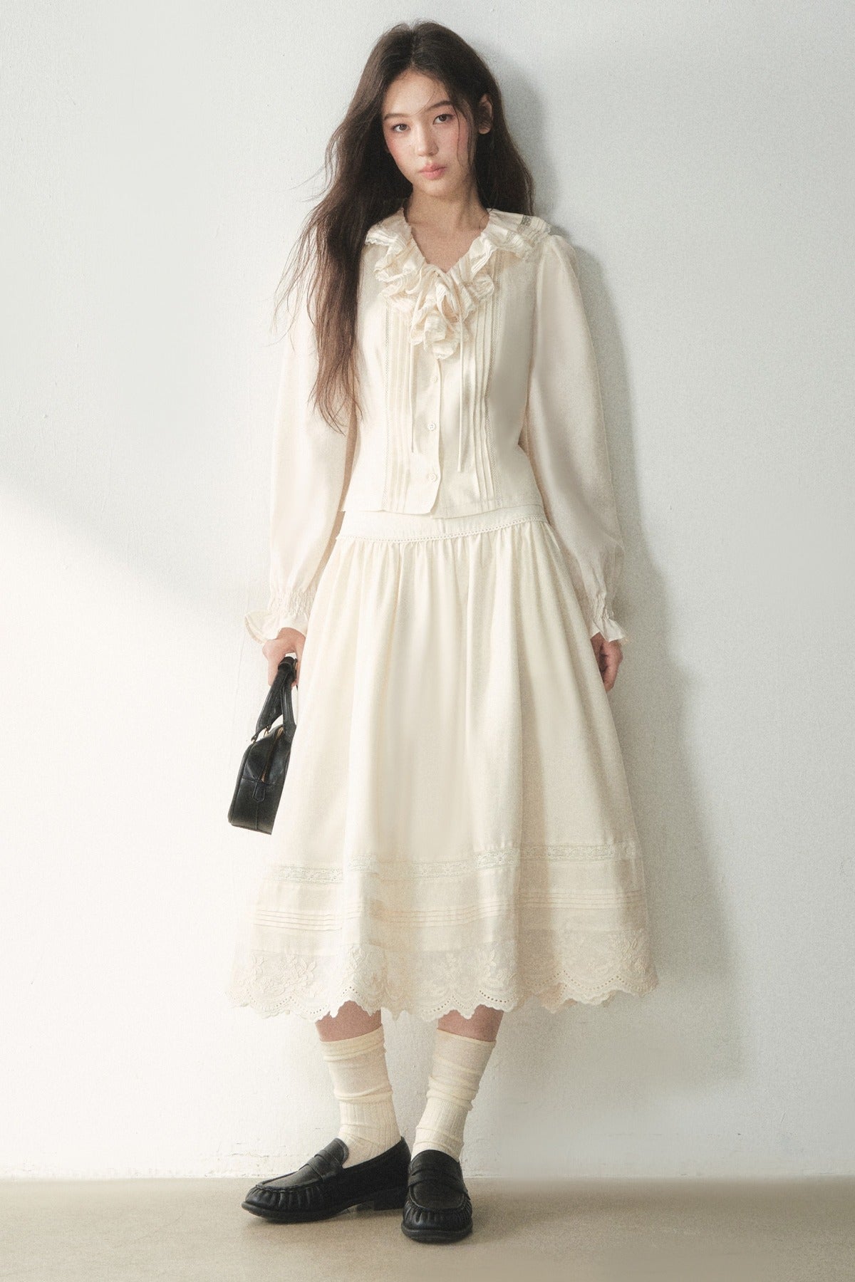 Ruffled Lyocell Shirt and Skirt Set-Up