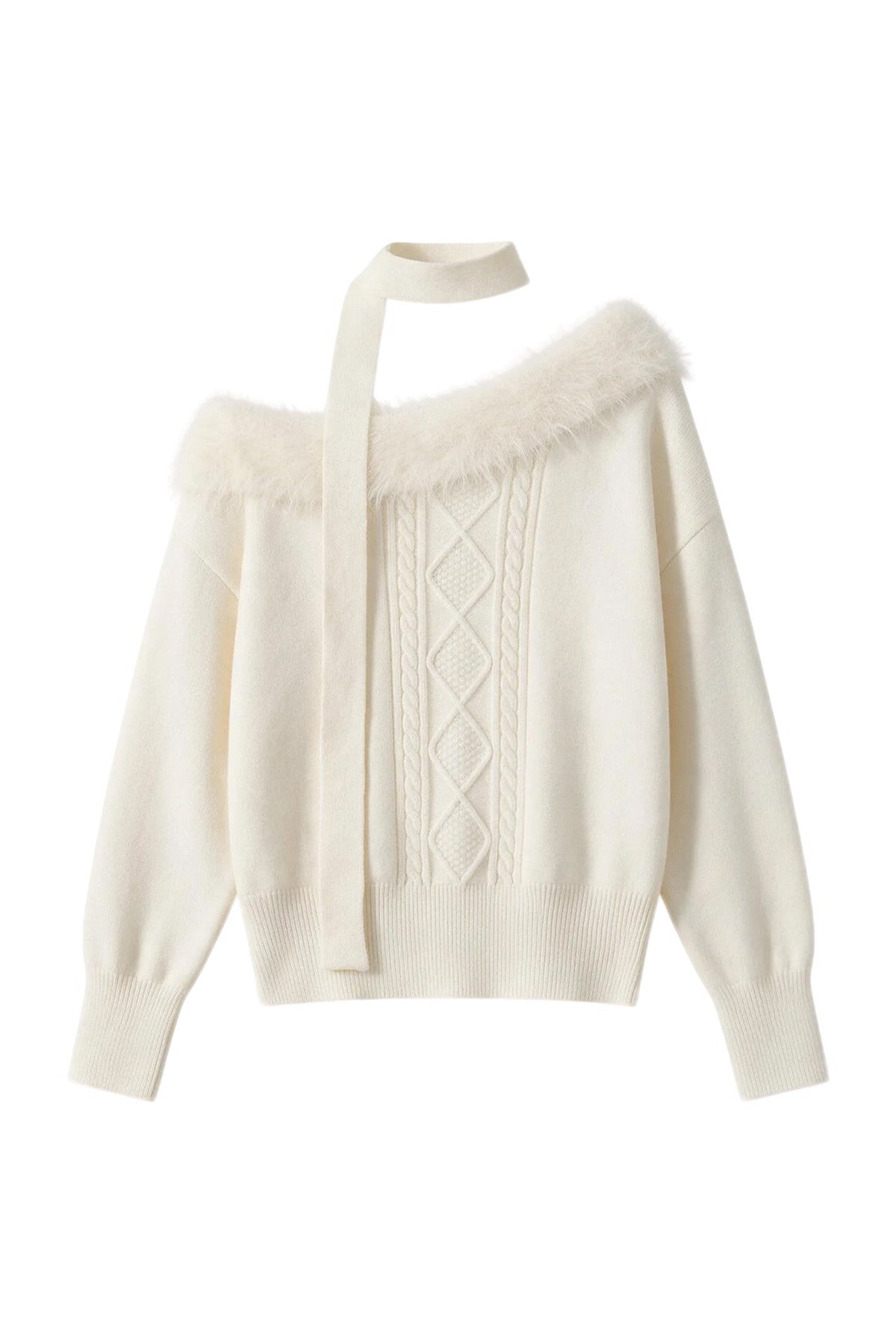Fur Collar Off-Shoulder Cable Knit Sweater