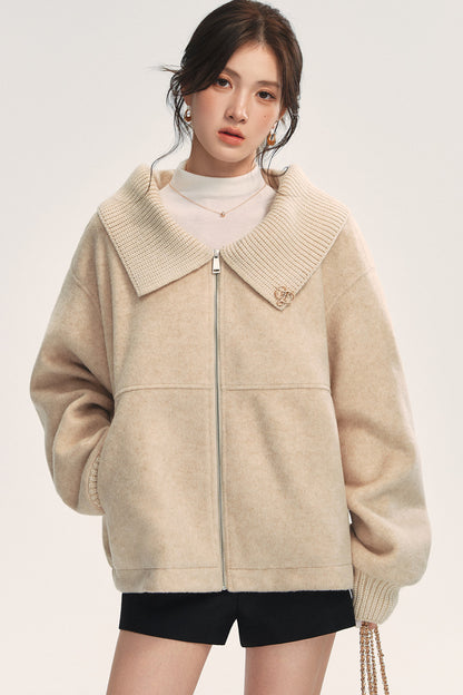 Knitted Large Lapel Patchwork Woolen Jacket