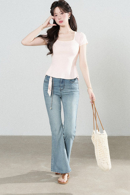 Square Neck Knit Top and Polka Dot Skirt Set-Up