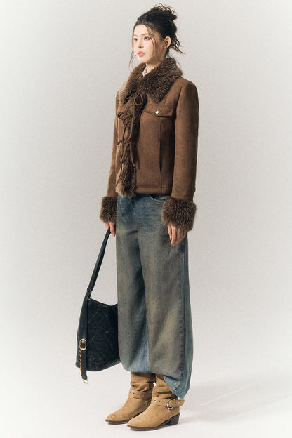 Suede Fur Collar Lace-Up Jacket