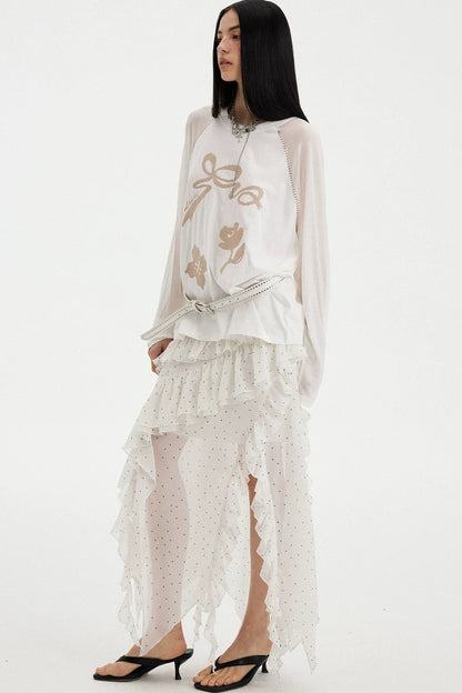 Bow Floral Spliced Long-Sleeve Top