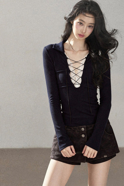 Lace Tie-Up Knit T-Shirt