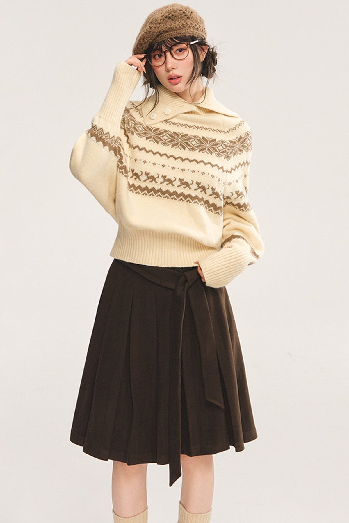 High-Waisted Woolen A-Line Umbrella Skirt