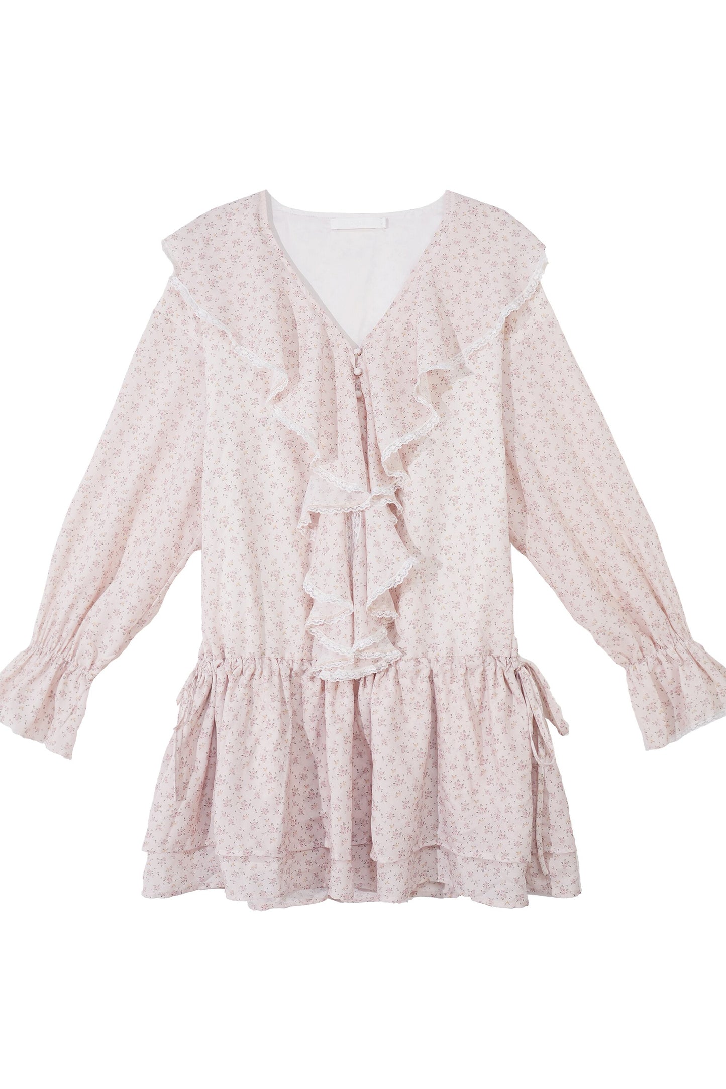 Floral Ruffle V-Neck Long-Sleeve Dress