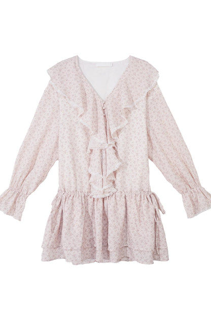 Floral Ruffle V-Neck Long-Sleeve Dress