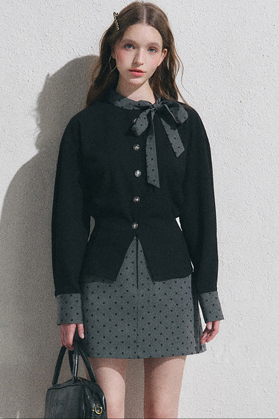Gray Polka Dot Pullover Shirt and Half-Length Skirt Set-Up