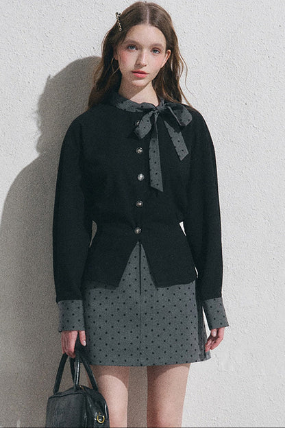 Gray Polka Dot Pullover Shirt and Half-Length Skirt Set-Up