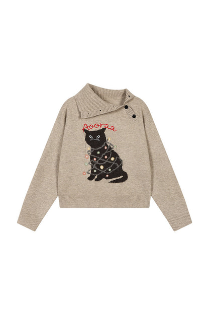 Diagonal Placket Cat Knit Pullover