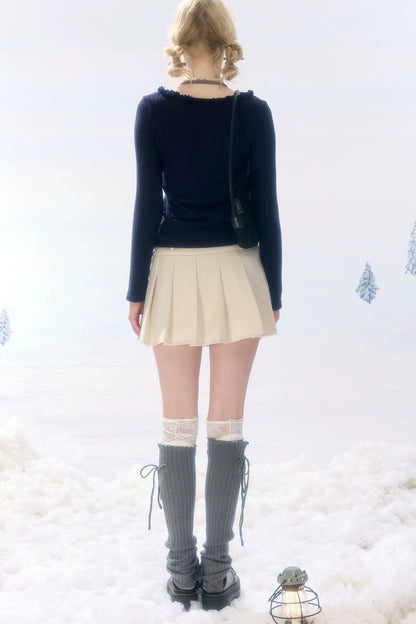 High-Waisted Apricot Pleated Woolen Skirt