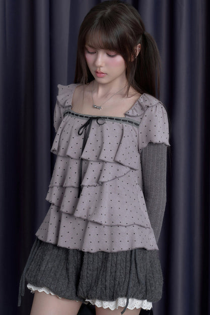 Long-Sleeved Gray-Purple Cake-Style Knit Top