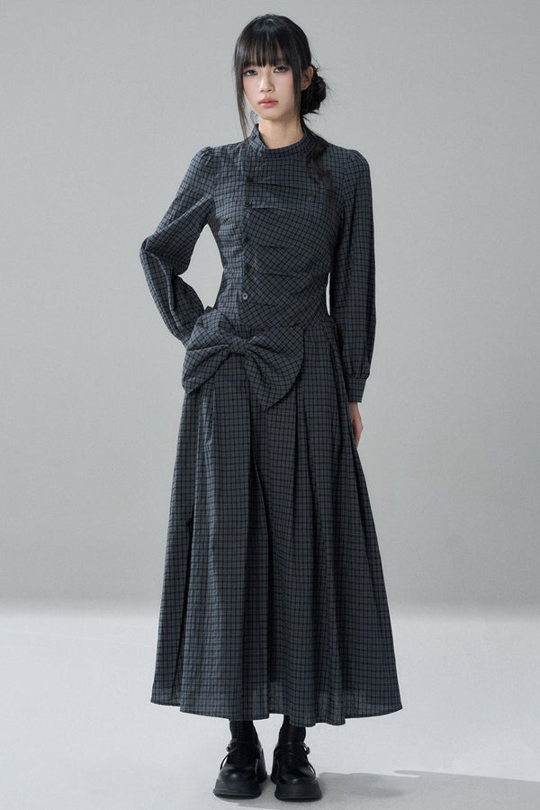 Plaid Bow Long Sleeve Dress